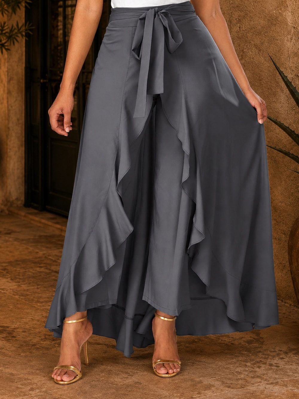 Women's High Waisted Cape Overlay Pants Charcoal Gray
